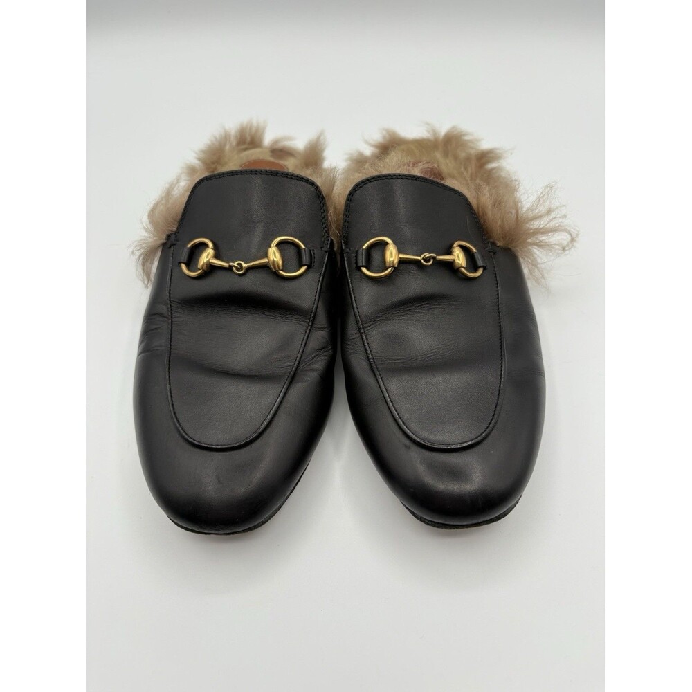 Gucci Black Leather Princetown Loafer Mule Fur Lined Horse-bit Accent Sz EU 37.5 - Picture 5 of 11